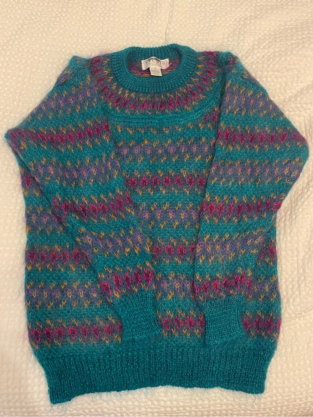 Michelle Stuart Teal Fair Isle Crewneck Sweater with Pink and Purple Accents